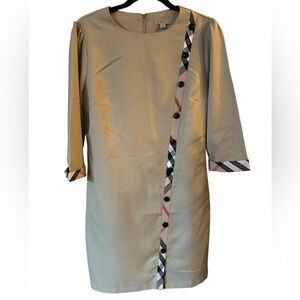 Burdully Elegant Beige Dress with Checkered Trim size XL
